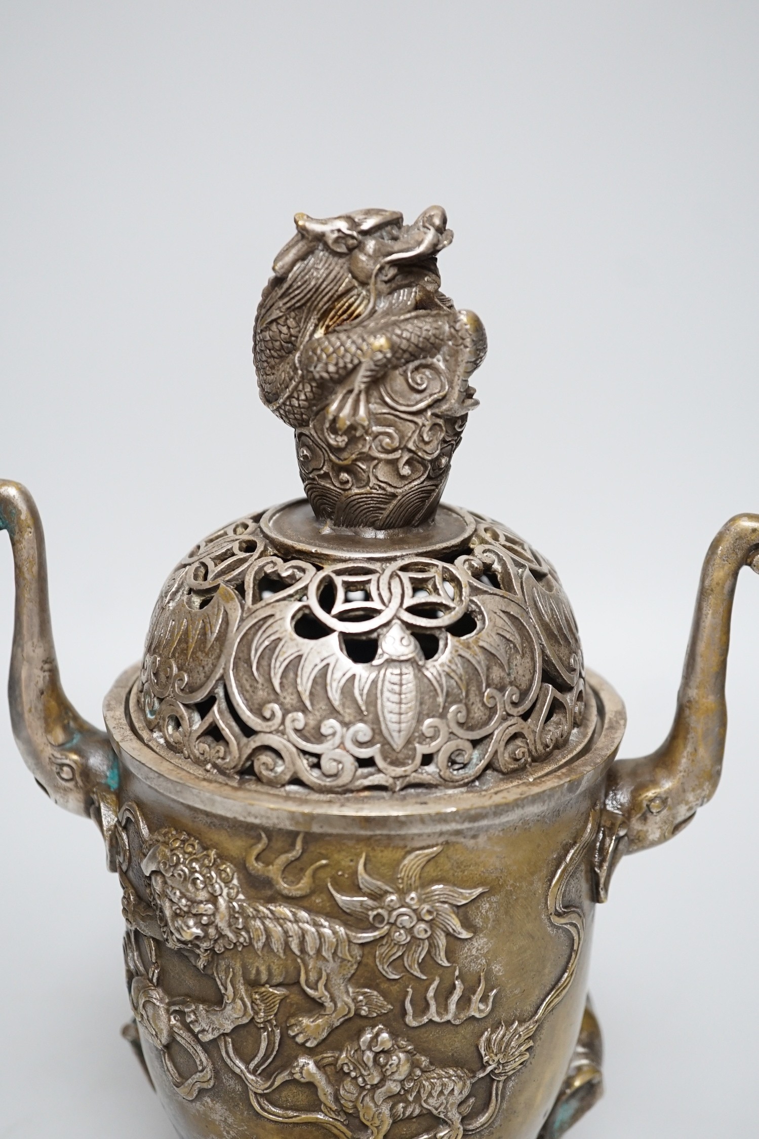 A Chinese silvered bronze censer and cover, 29cms high